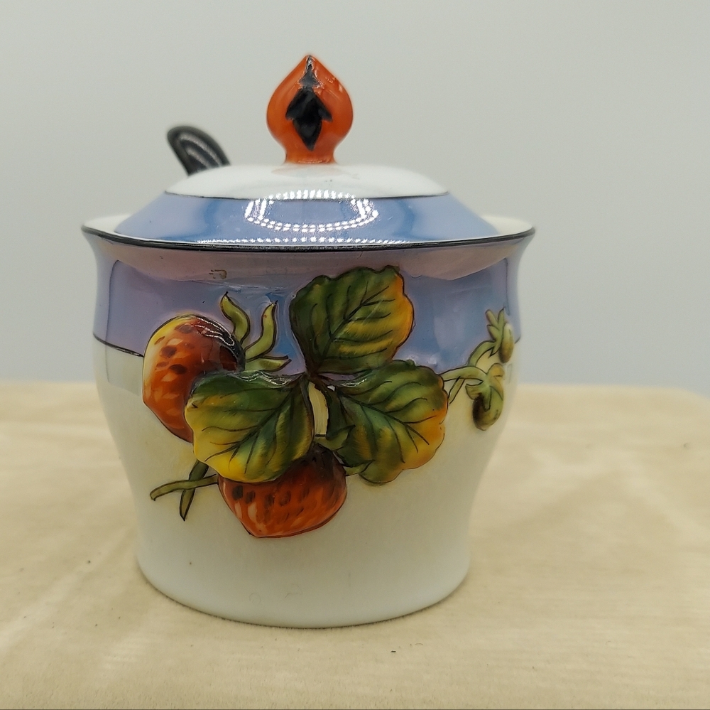 Noritake Unique Raised Strawberry Pattern Floral Sugar Bowl Luster Jar